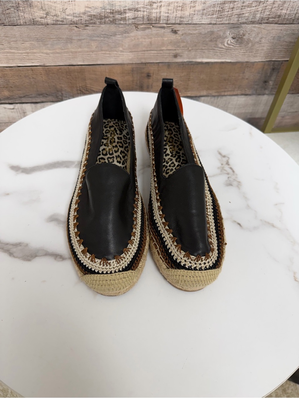 Chico's Black Leather Espadrille Slip on Flats
